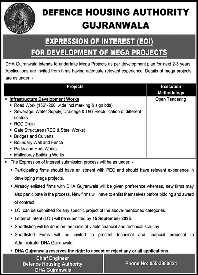 Defence Housing Authority Gujranwala Tender Notice